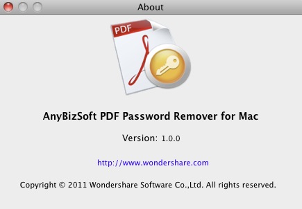 AnyBizSoft PDF Password Remover 1.0 : About window