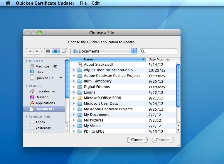 Quicken Certificate Updater 1.0 : Main window