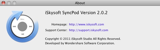 iSkysoft SyncPod : About window