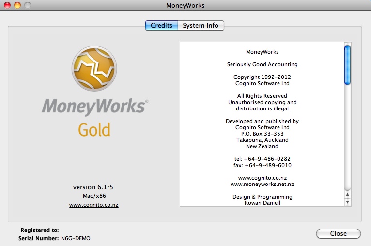 MoneyWorks Gold 6.1 : About window
