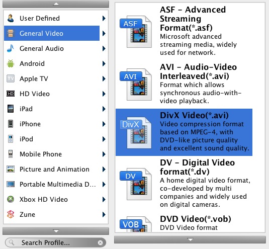 Bigasoft DVD to iMovie Converter 3.1 : Conversion profiles