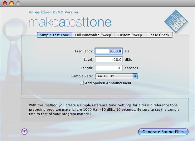 Make A TestTone 3.0 : Main Window
