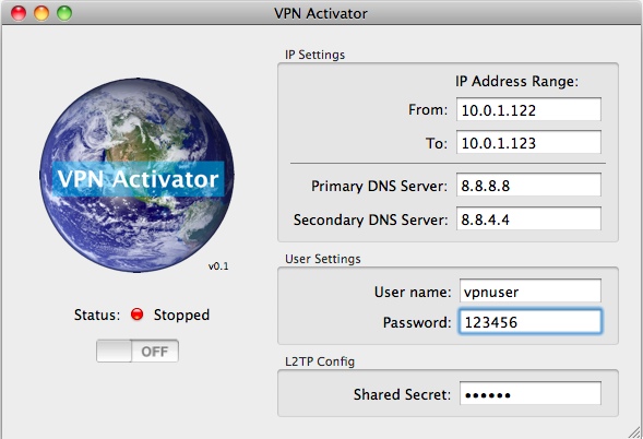 VPN Activator 0.4 : Main window