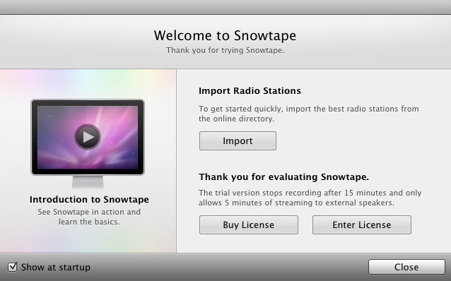 Snowtape : Welcome screen