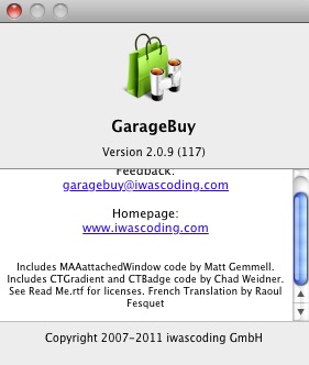 GarageBuy 2.0 : About window