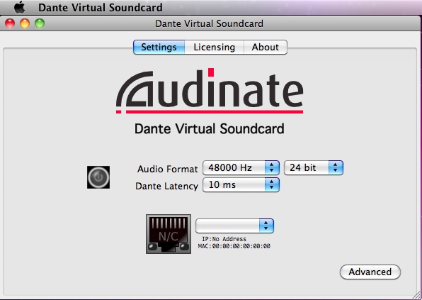 Dante Virtual Soundcard 3.0 : Main window