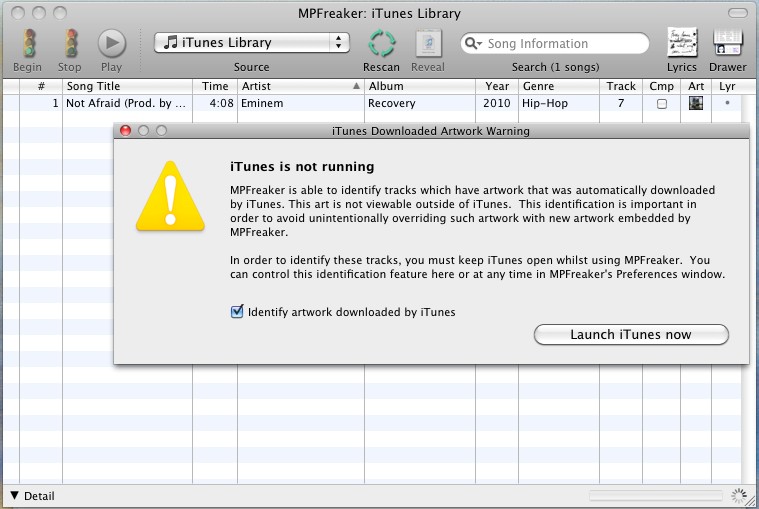 MPFreaker 1.9 : Main Window + iTunes Warning
