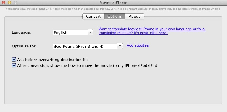 Movies2iPhone 2.1 : Options