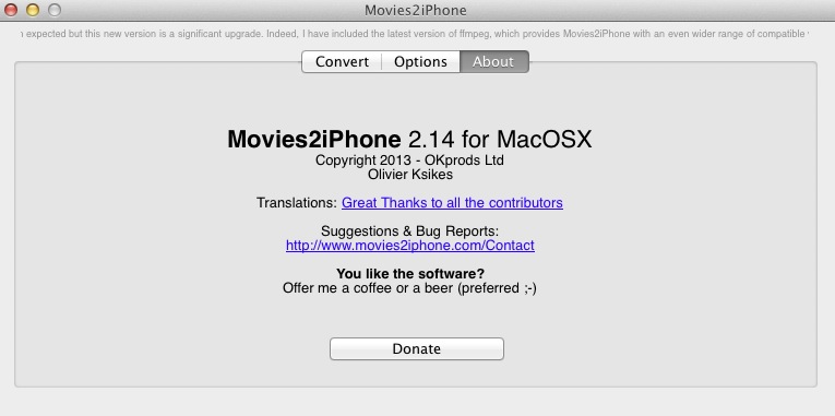 Movies2iPhone 2.1 : About window