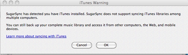 SugarSync Manager 1.9 : iTunes warning