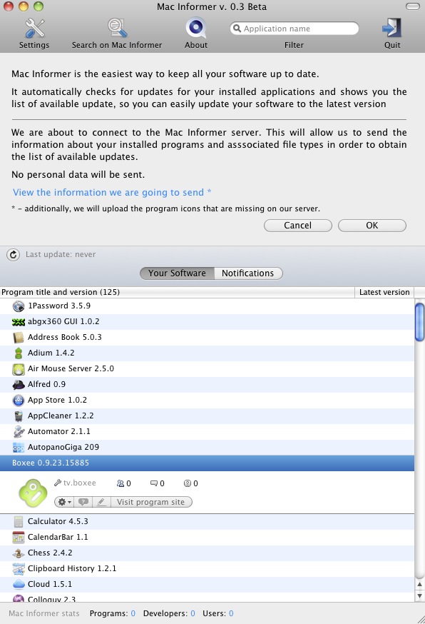 Mac Informer 0.3 beta : Main window