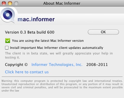 Mac Informer 0.3 beta : About window