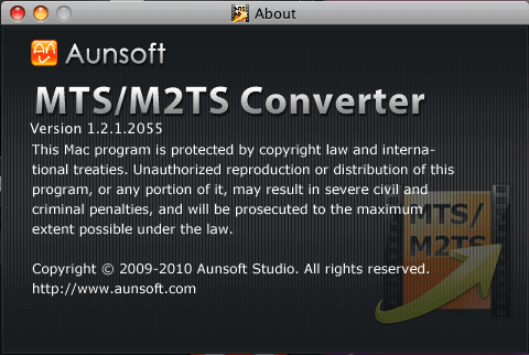 Aunsoft MTS Converter 1.2 : About Window