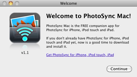 PhotoSync - wirelessly transfers your photos an... 1.1 : Welcome screen