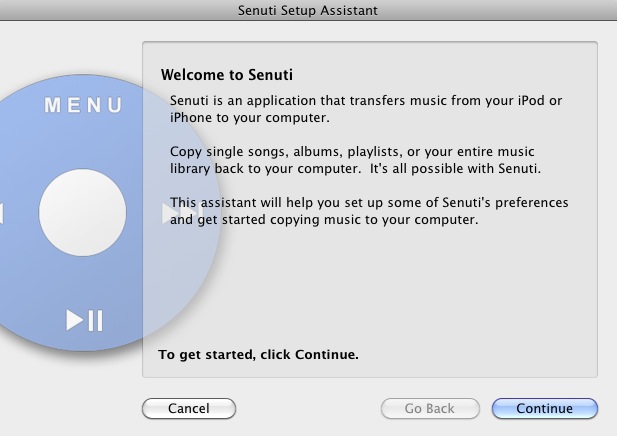 Senuti 1.2 : Welcome screen