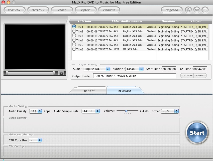 MacX Rip DVD to Music for Mac Free Edition 2.0 : Main window