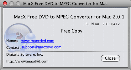 MacX Free DVD to MPEG Converter for Mac 2.0 : About Window