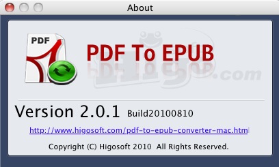 Higosoft PDF to EPUB Converter for Mac 2.0 : About window