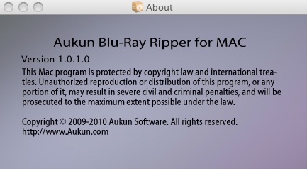 Aukun Blu-Ray Ripper 1.0 : About window