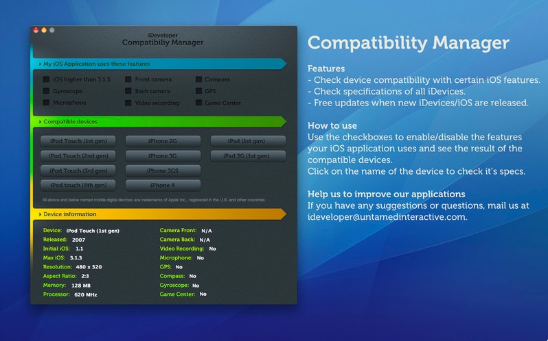 iDeveloper - Compatibility Manager 1.0 : Main window