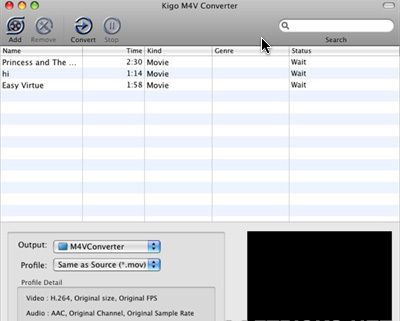 Kigo M4VConverter 2.3 : Main window