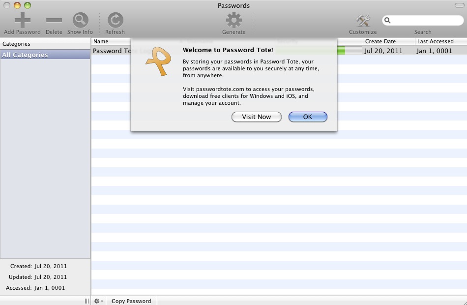 Password Tote for Mac OS X 1.1 : Main window