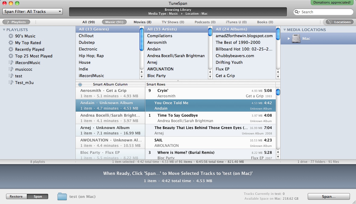 TuneSpan — Your iTunes Library on Multiple Drives 0.9 beta : Main Window