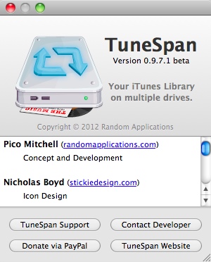 TuneSpan — Your iTunes Library on Multiple Drives 0.9 beta : About Window