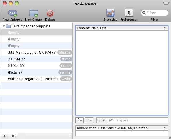 TextExpander for Mac 3.3 : Main window