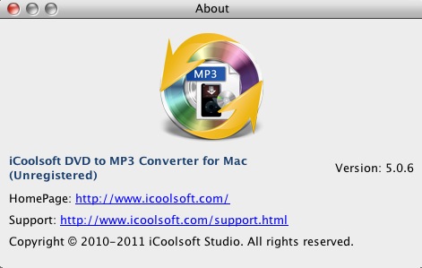iCoolsoft DVD to MP3 Converter for Mac 5.0 : About window