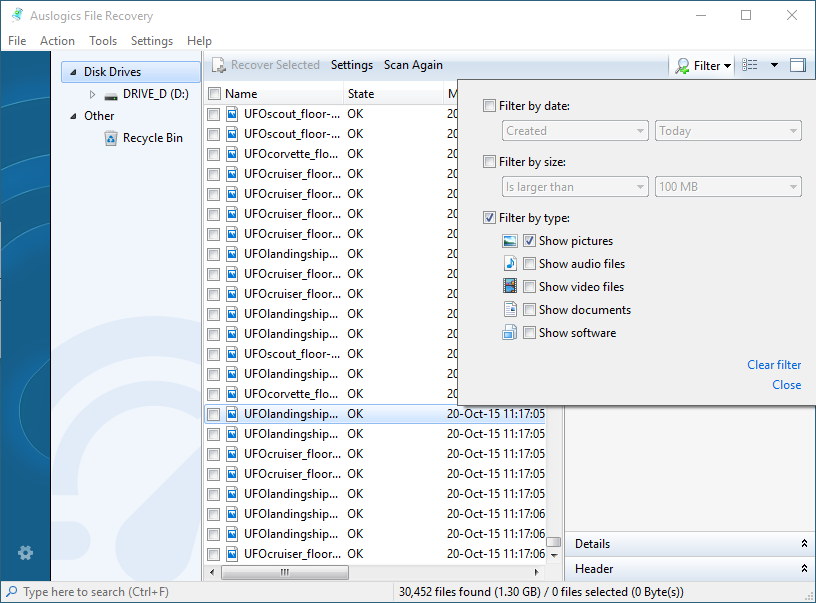 Auslogics File Recovery 6.2 : Filters