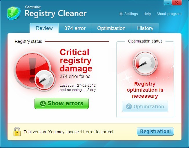 Carambis Registry Cleaner 1.0 : Main screen