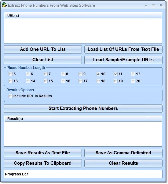 Extract Phone Numbers From Web Sites Software 7.0 : Main Window