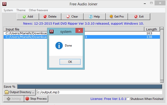 Free Audio Joiner 1.0 : Process Completed