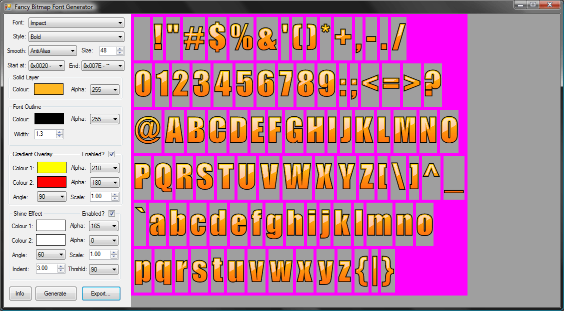 Fancy Bitmap Font Generator 0.1 : Screenshot of the program.