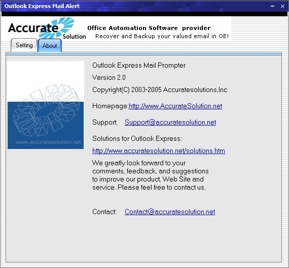 Outlook Express Mail Alert 1.0 : About Screen