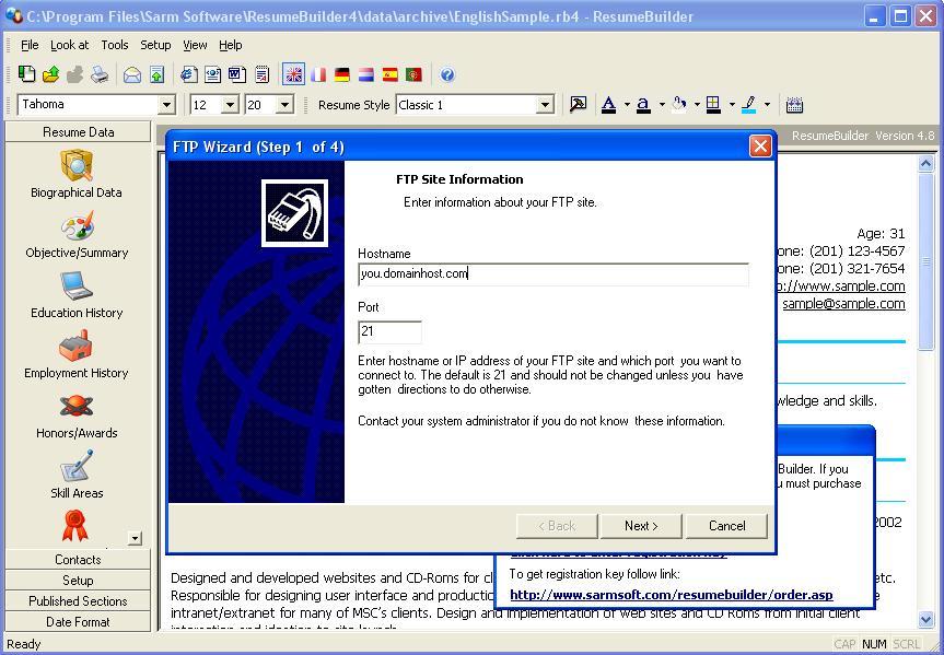 Sarmsoft Resume Builder 4.8 : FTP Wizard
