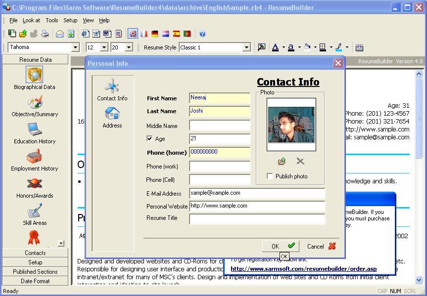 Sarmsoft Resume Builder 4.8 : Using Resume Template