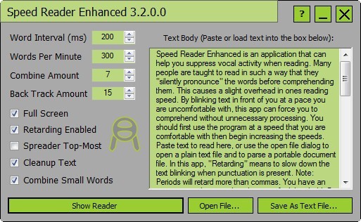 Speed Reader Enhanced 3.2 : Main window