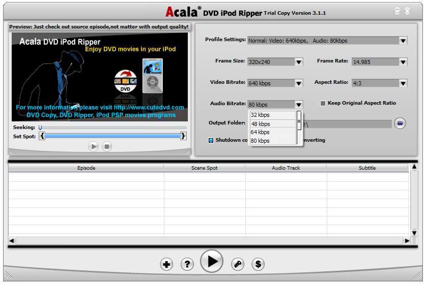 Acala DVD iPod Ripper 3.1 : Audio bitrate