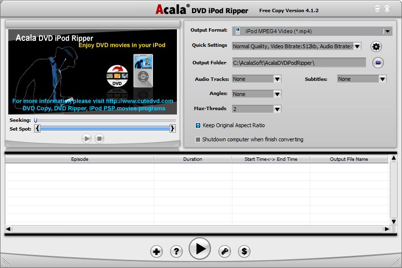 Acala DVD iPod Ripper 4.1 : Main window