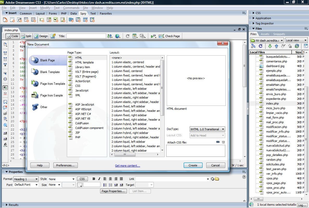 Adobe Dreamweaver 9.0 : Dreamweaver Create New File screen