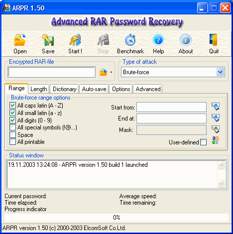 Advanced RAR Password Recovery 1.5 : Main Window