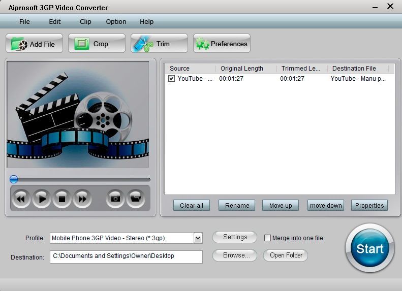 Aiprosoft 3GP Video Converter 1.0 : Main window