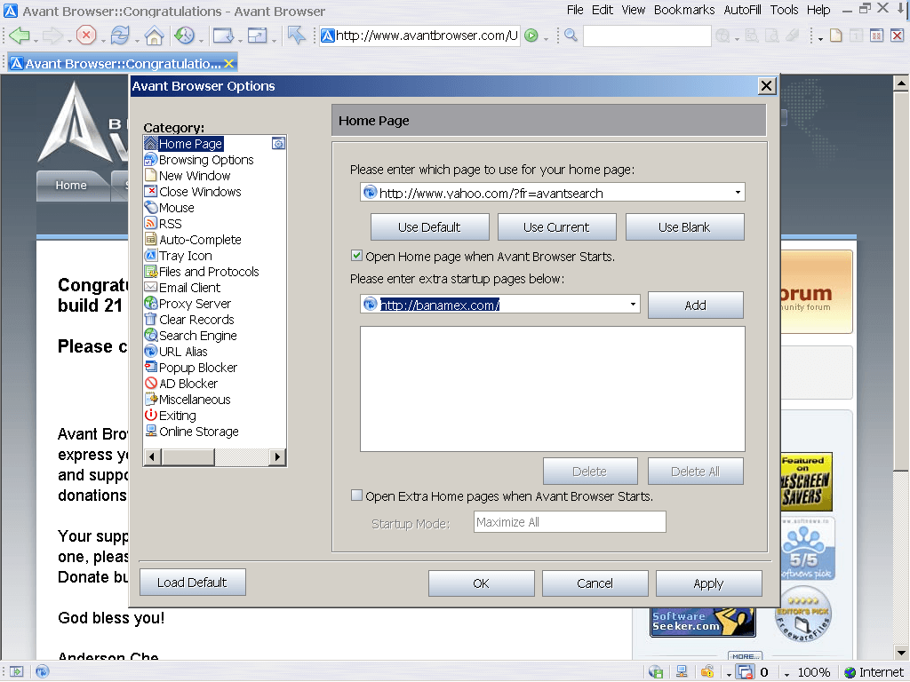 Avant Browser 11.7 : options window