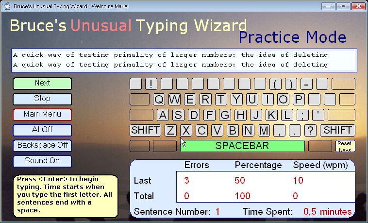 Bruce's Unusual Typing Wizard 1.5 : Practice Mode
