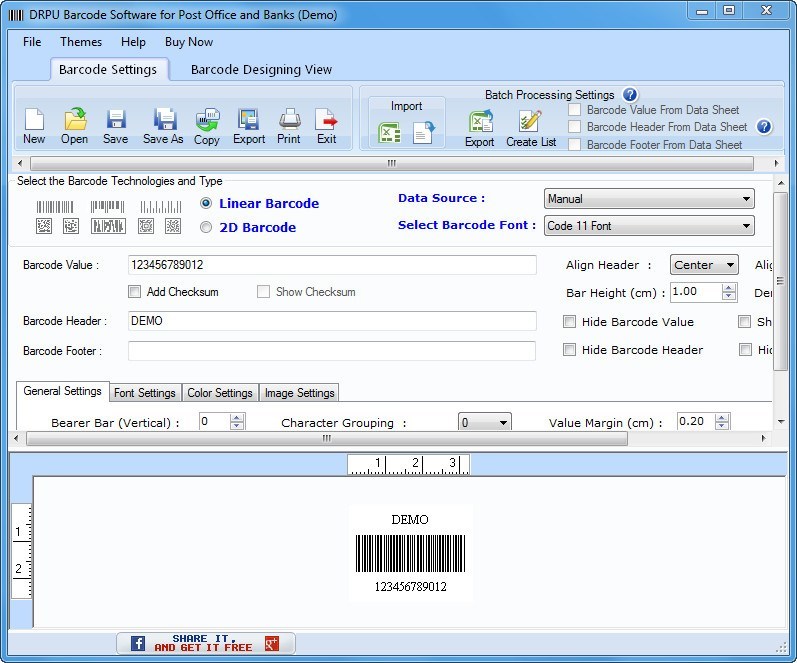 DRPU Barcode Software for Post Office and Banks 8.2 : Barcode Settings Window