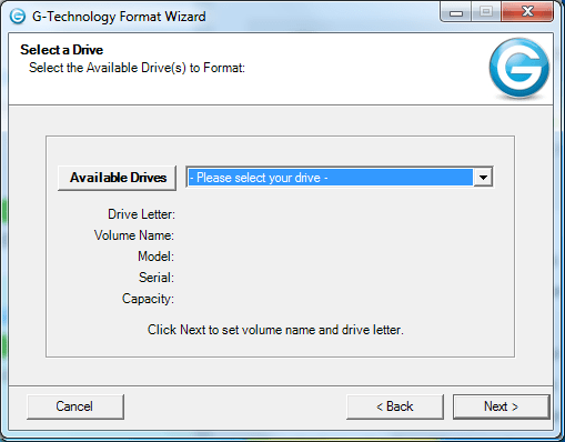 G-Technology Format Wizard 1.1 : Main window