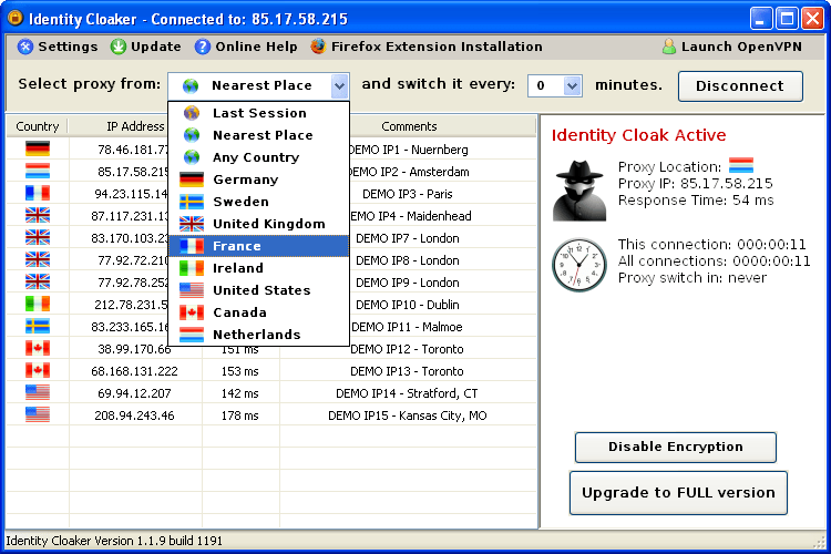 Identity Cloaker 1.1 : Selecting proxy