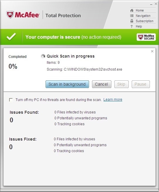 McAfee Total Protection 10.0 : Scan in progress